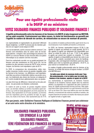 Pour une égalité professionnelle réelle à la DGFiP et au ministère : VOTEZ SOLIDAIRES FINANCES PUBLIQUES ET SOLIDAIRES FINANCES !